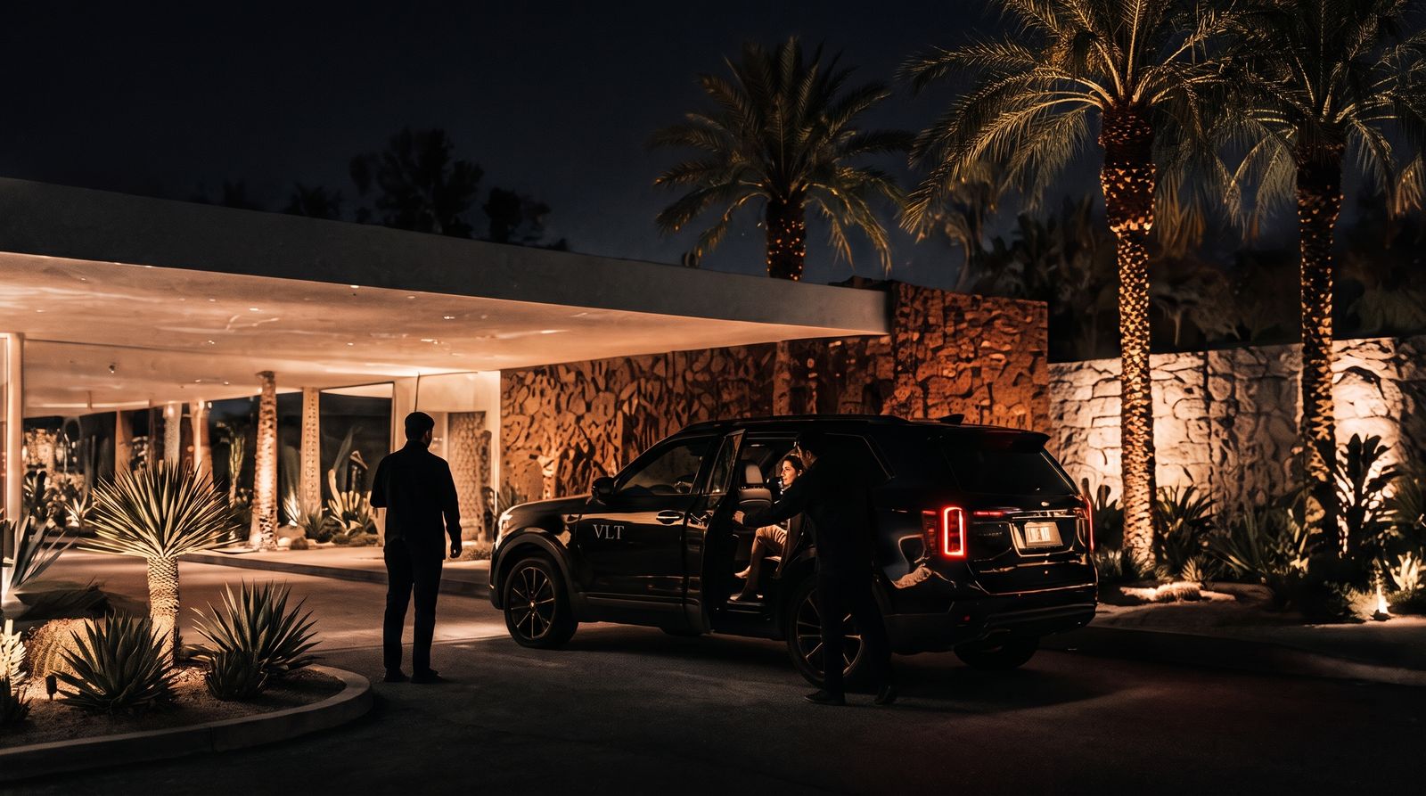 A Myriad VLT car under a lit estate entrance at night, a valet opening the door for a guest